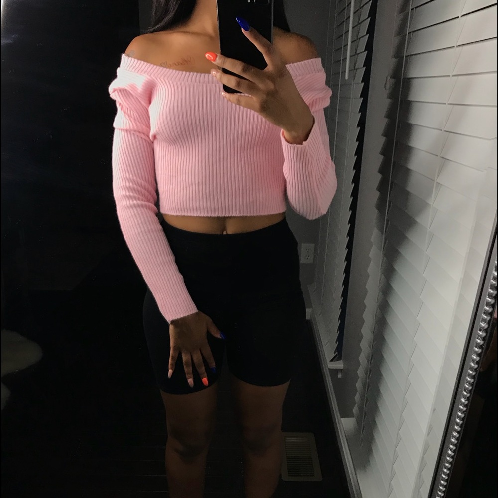 Pink Off The Shoulder Sweater Crop Top